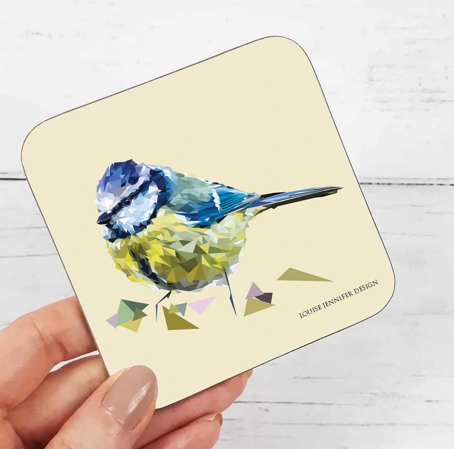 Blue tit drinks coaster | Geometric illustration | Garden birds