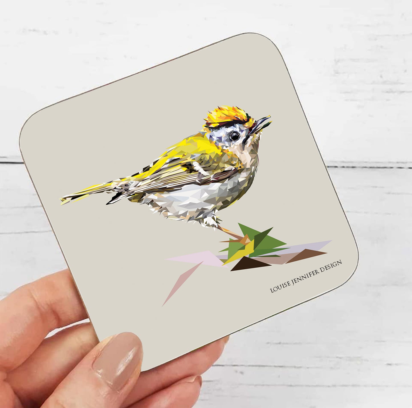 Goldcrest drinks coaster | Geometric illustration | Garden birds