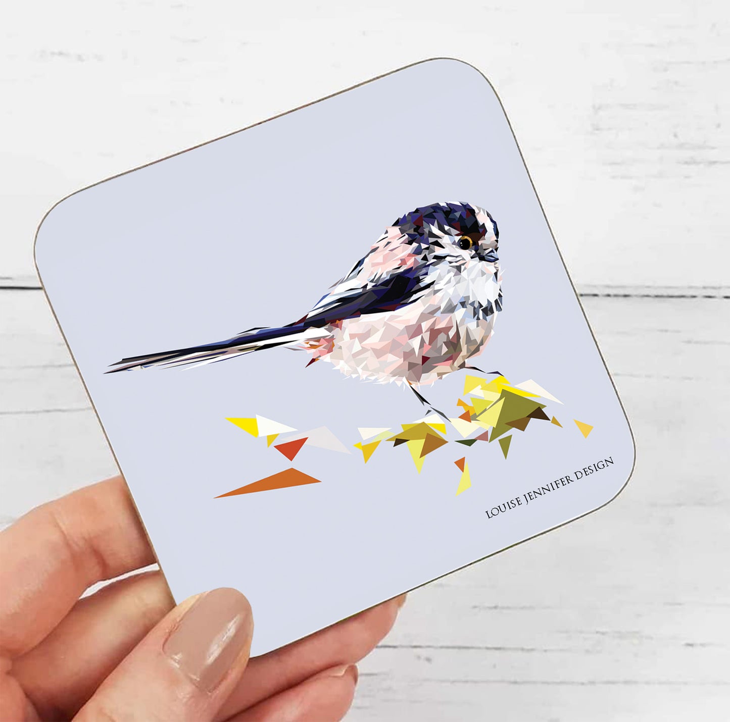 Long-tailed tit drinks coaster | Geometric illustration | Garden birds
