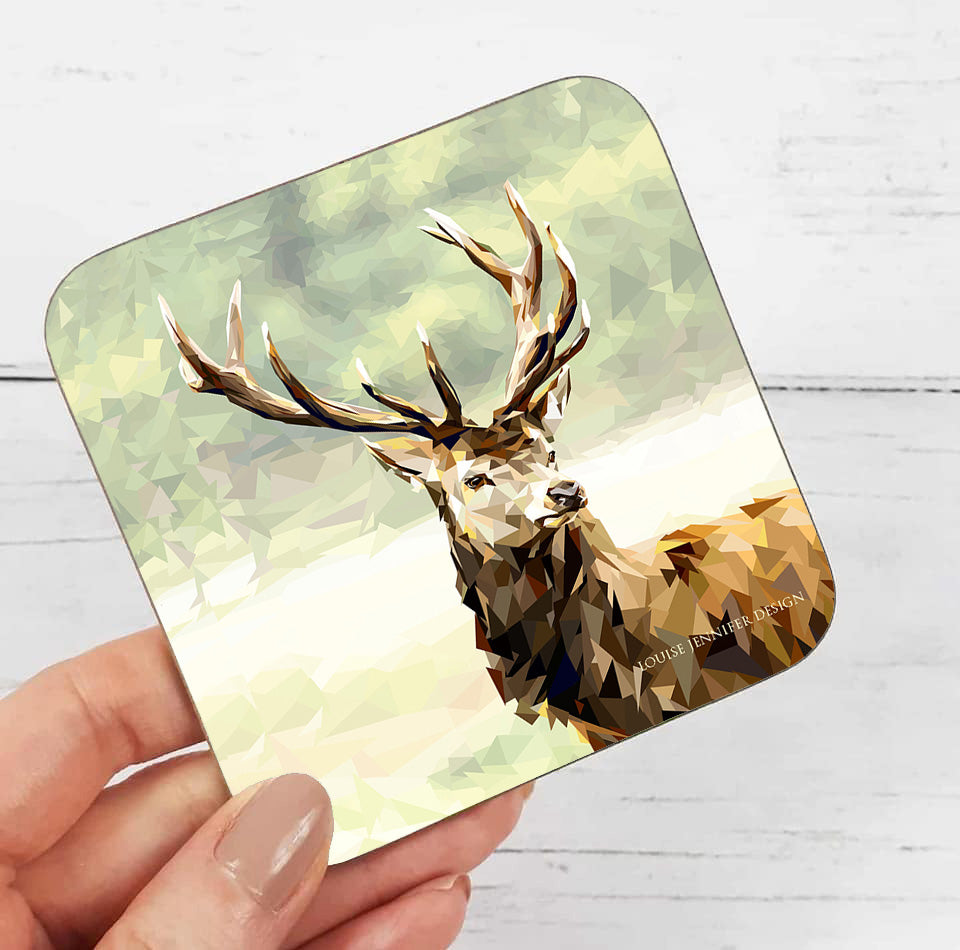 Red stag drinks coaster | Geometric illustration | Scottish highlands