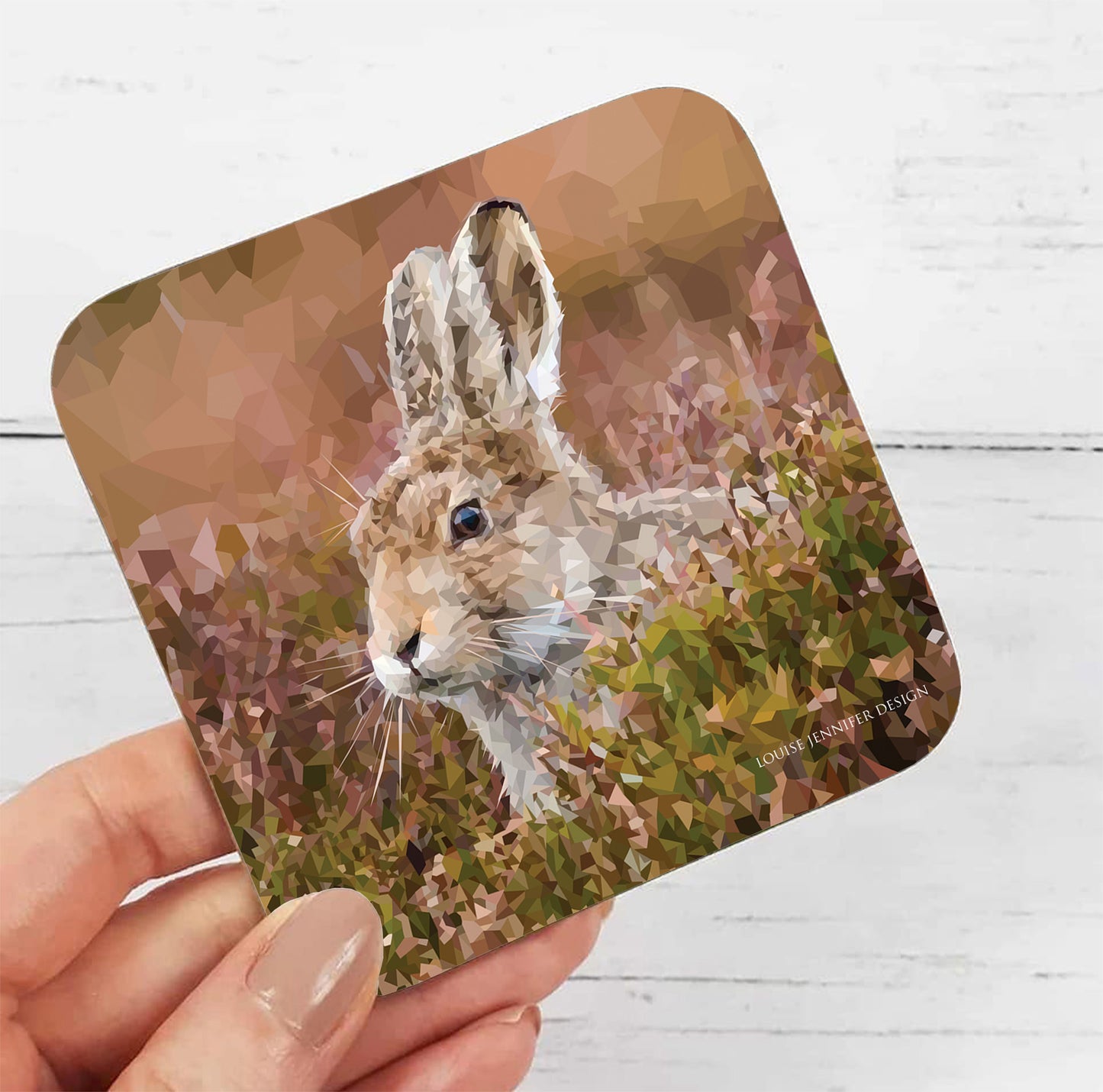 Mountain hare drinks coaster | Geometric illustration | Woodland animals