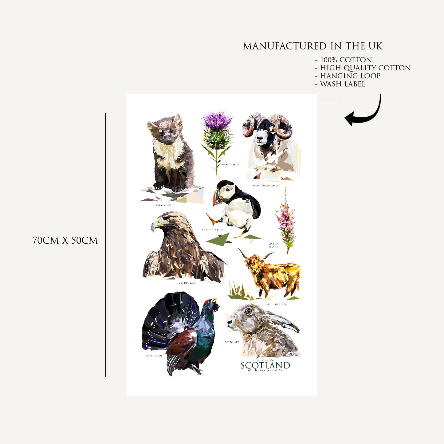 Wildlife of Scotland tea towel | 100% cotton | Scottish wildlife illustration