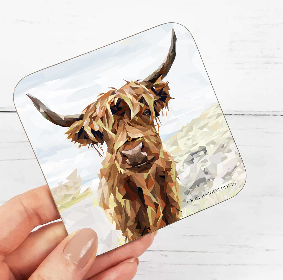 Highland cow drinks coaster | Geometric illustration | Scottish wildlife