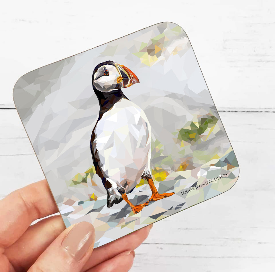 Atlantic puffin drinks coaster | Geometric illustration | Scottish wildlife