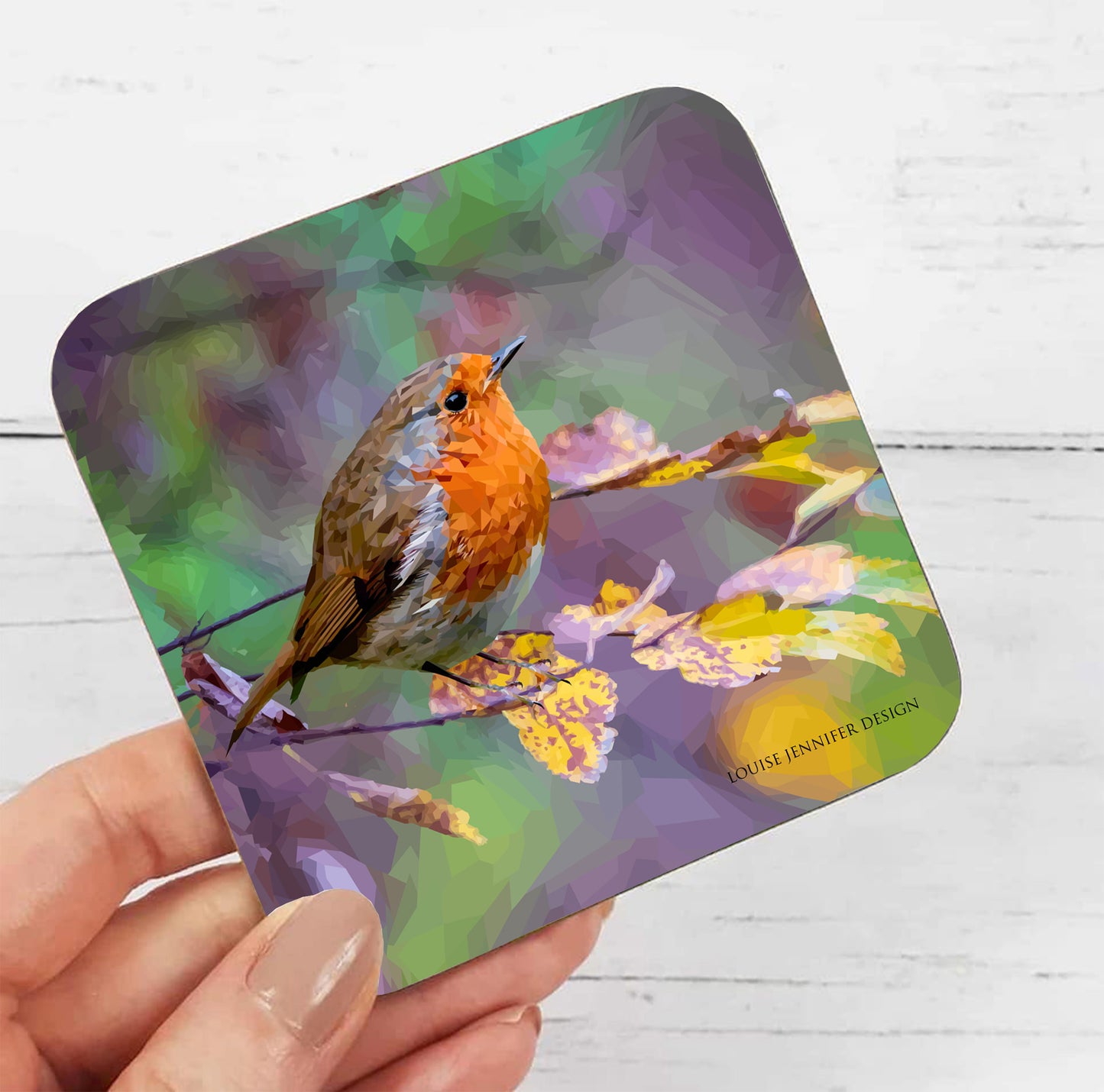 Robin redbreast bird illustration | Hardwood drinks coaster