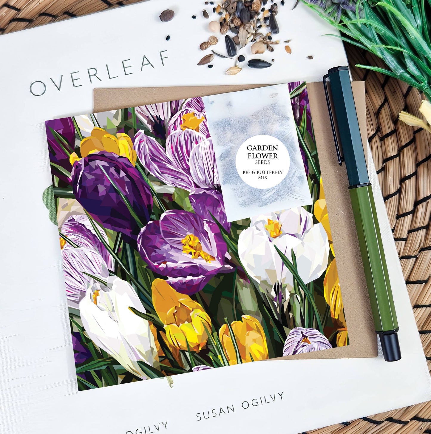 Crocus flowers illustration | Flower seed greeting card | Art card
