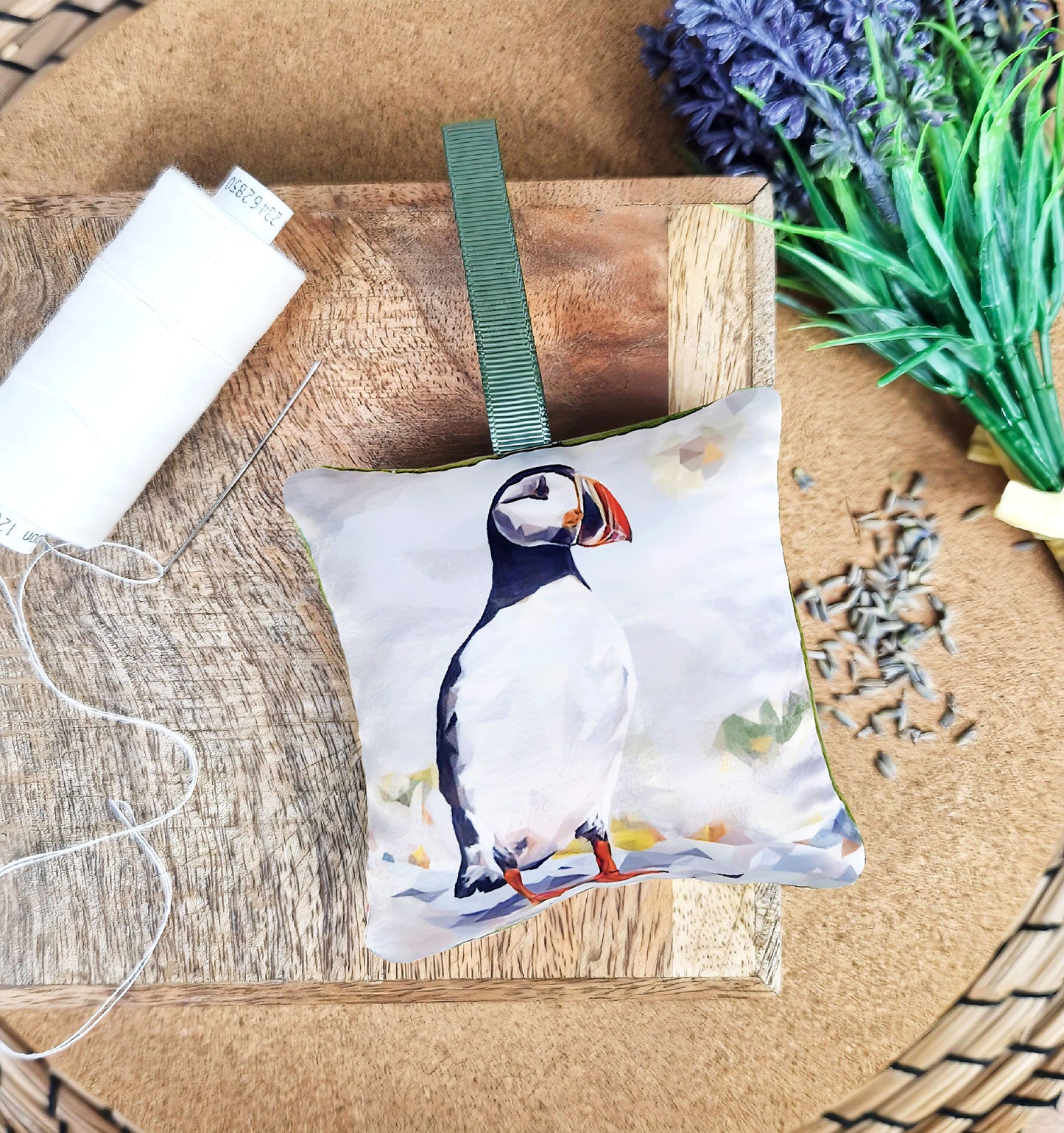 Handmade Atlantic puffin illustration sachet | English dried lavender | Scent