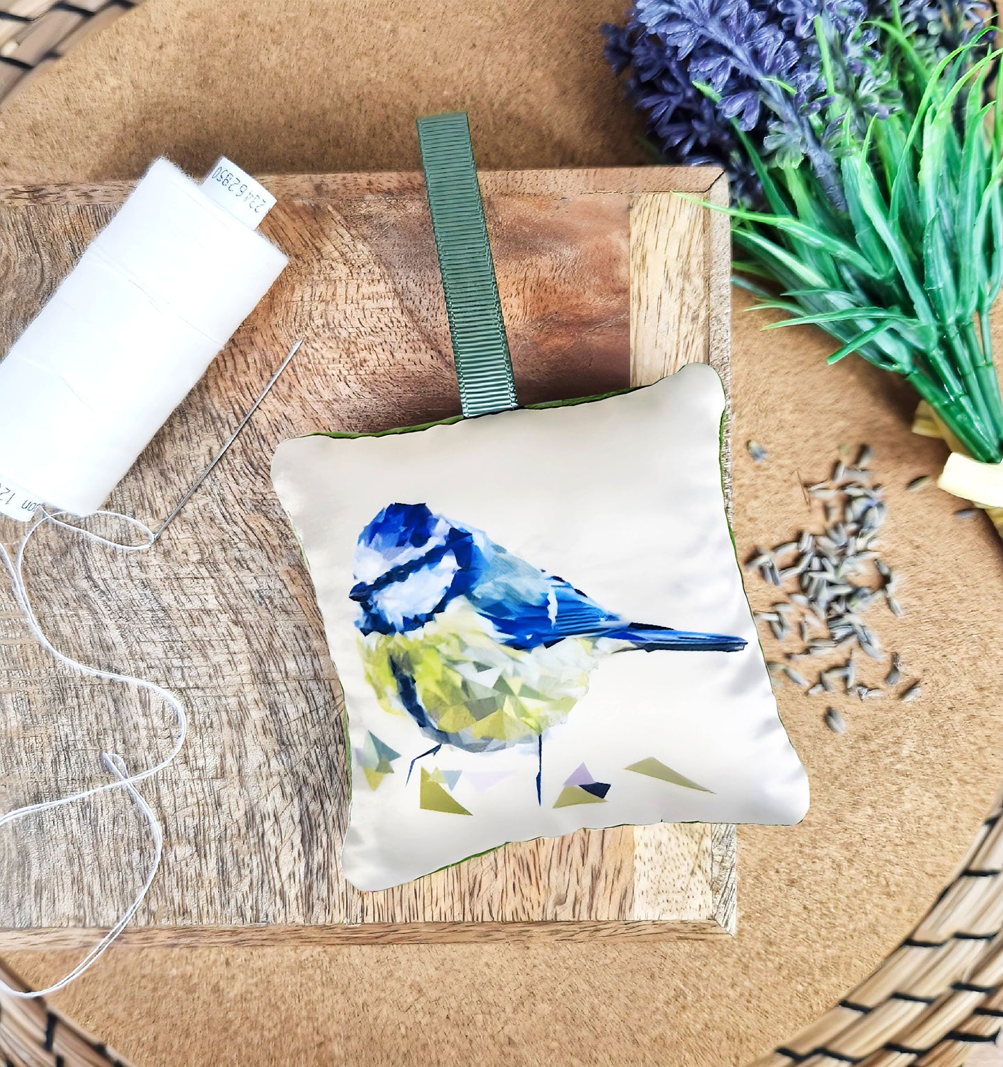 Handmade blue tit bird illustration sachet | English dried lavender