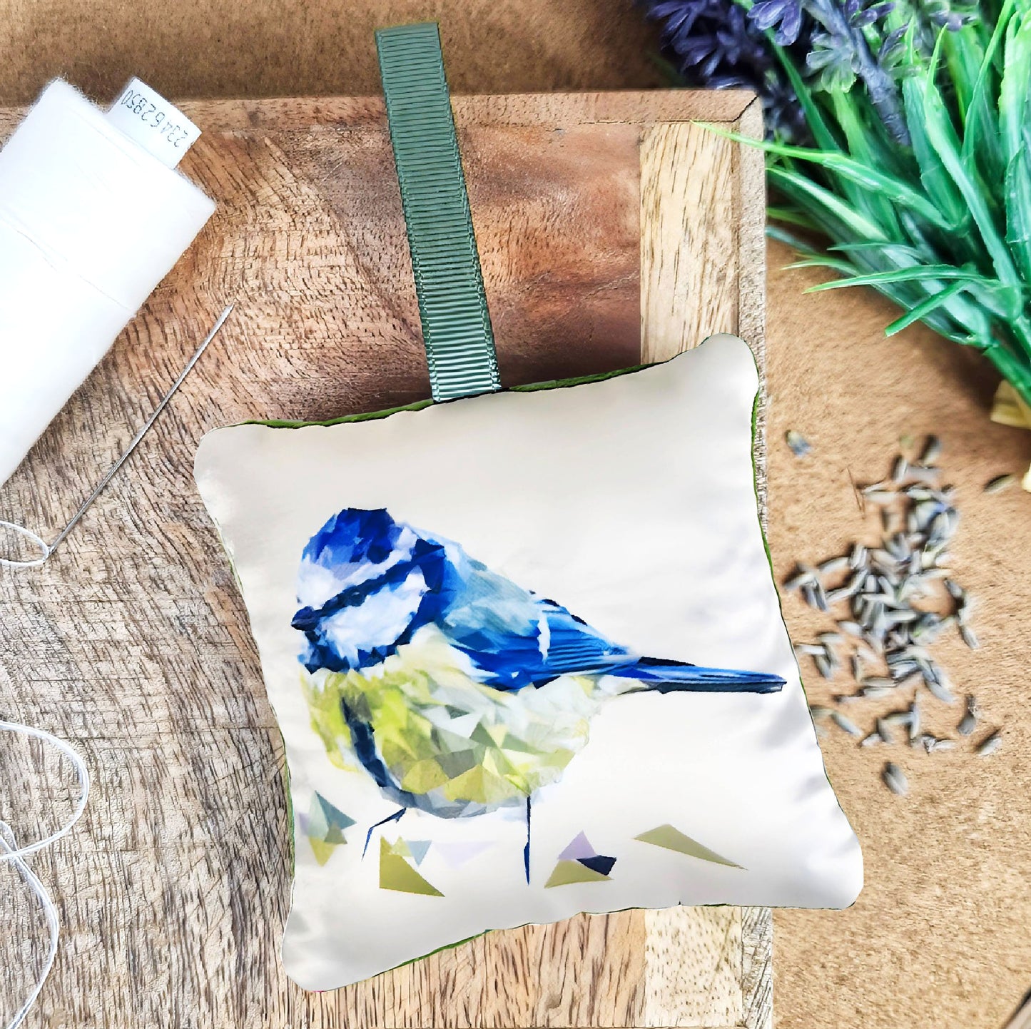 Handmade blue tit bird illustration sachet | English dried lavender