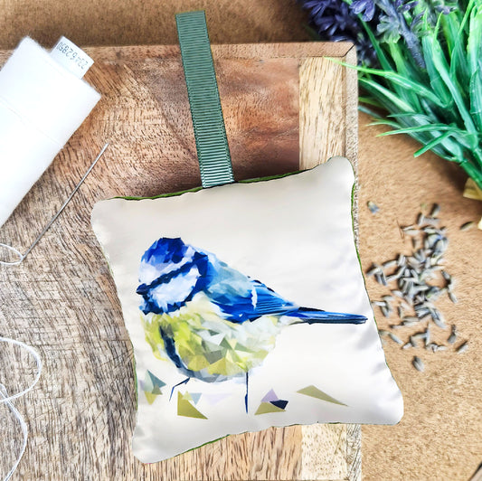 Handmade blue tit bird illustration sachet | English dried lavender