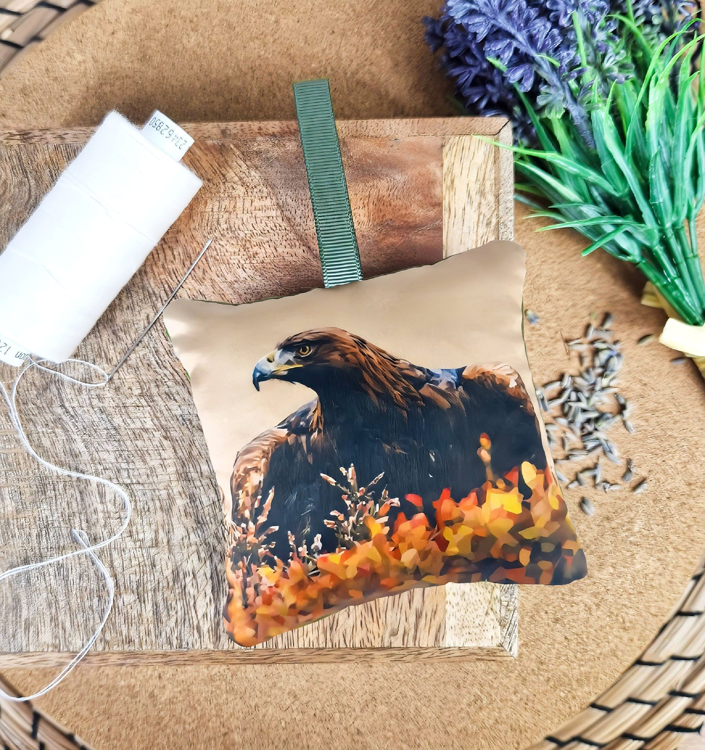 Handmade golden eagle illustration sachet | English dried lavender | Scottish birds
