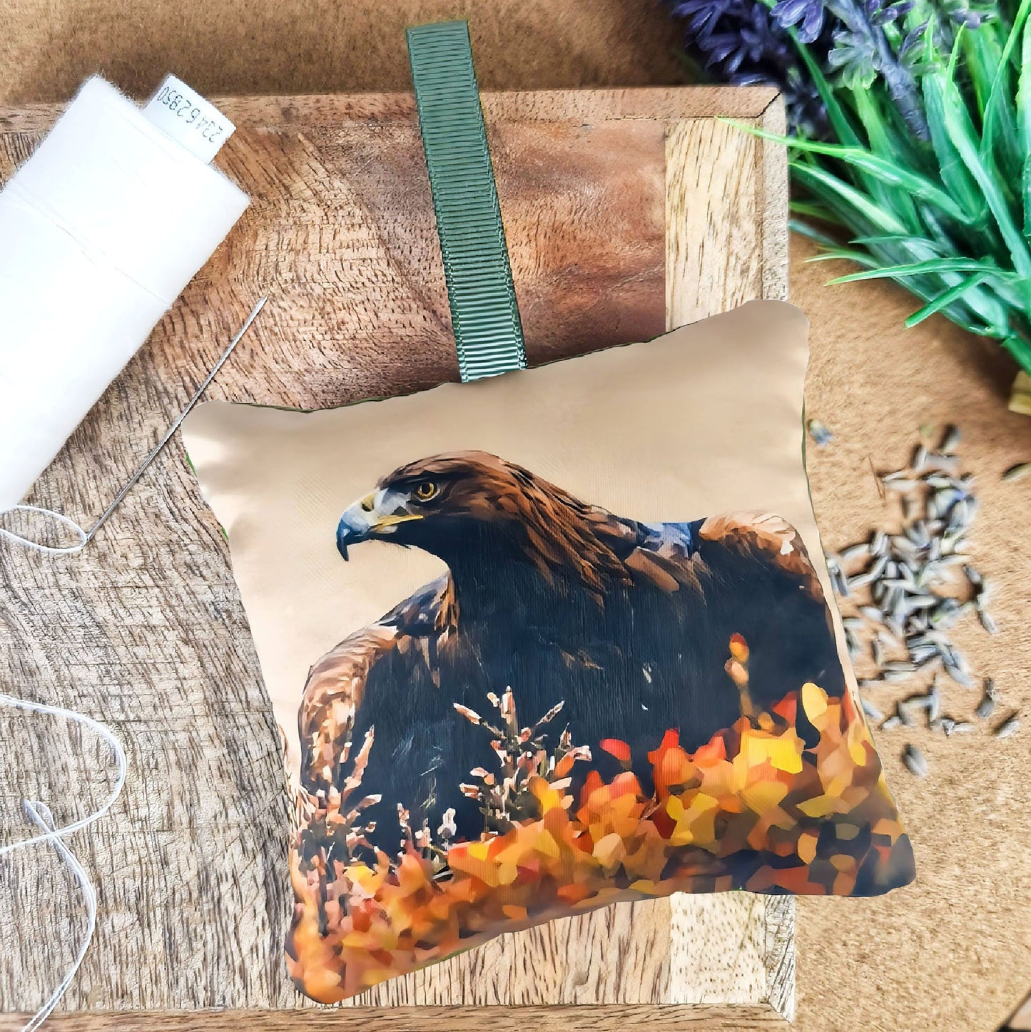 Handmade golden eagle illustration sachet | English dried lavender | Scottish birds