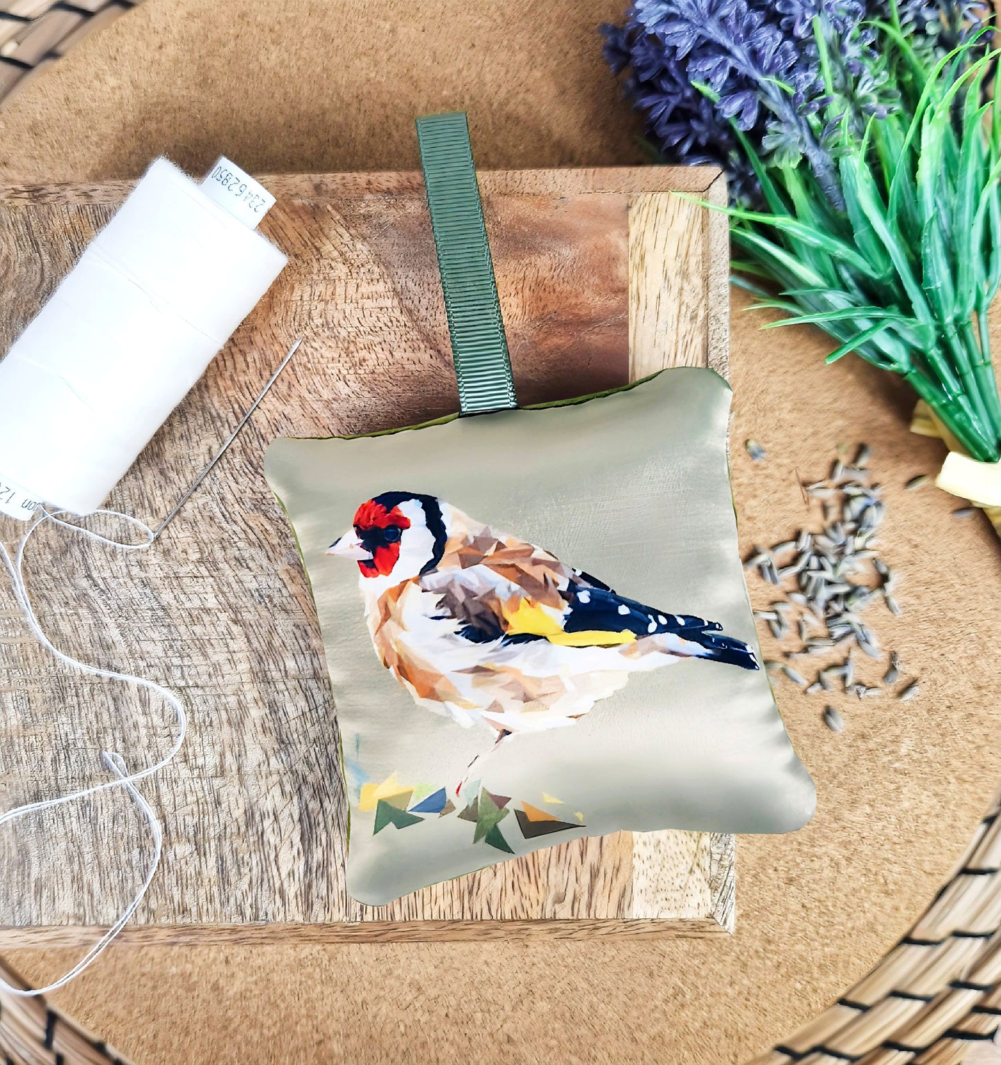 Handmade goldfinch bird illustration sachet | English dried lavender