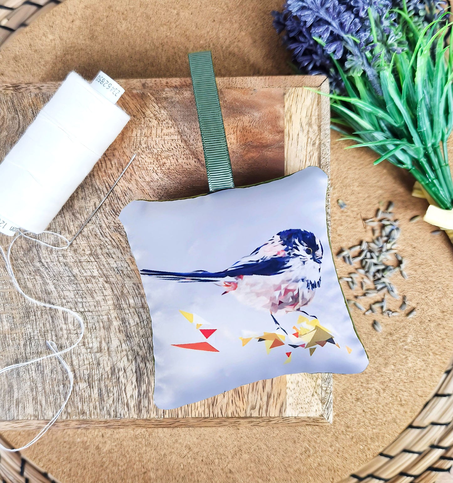 Handmade long-tailed tit bird illustration sachet | English dried lavender