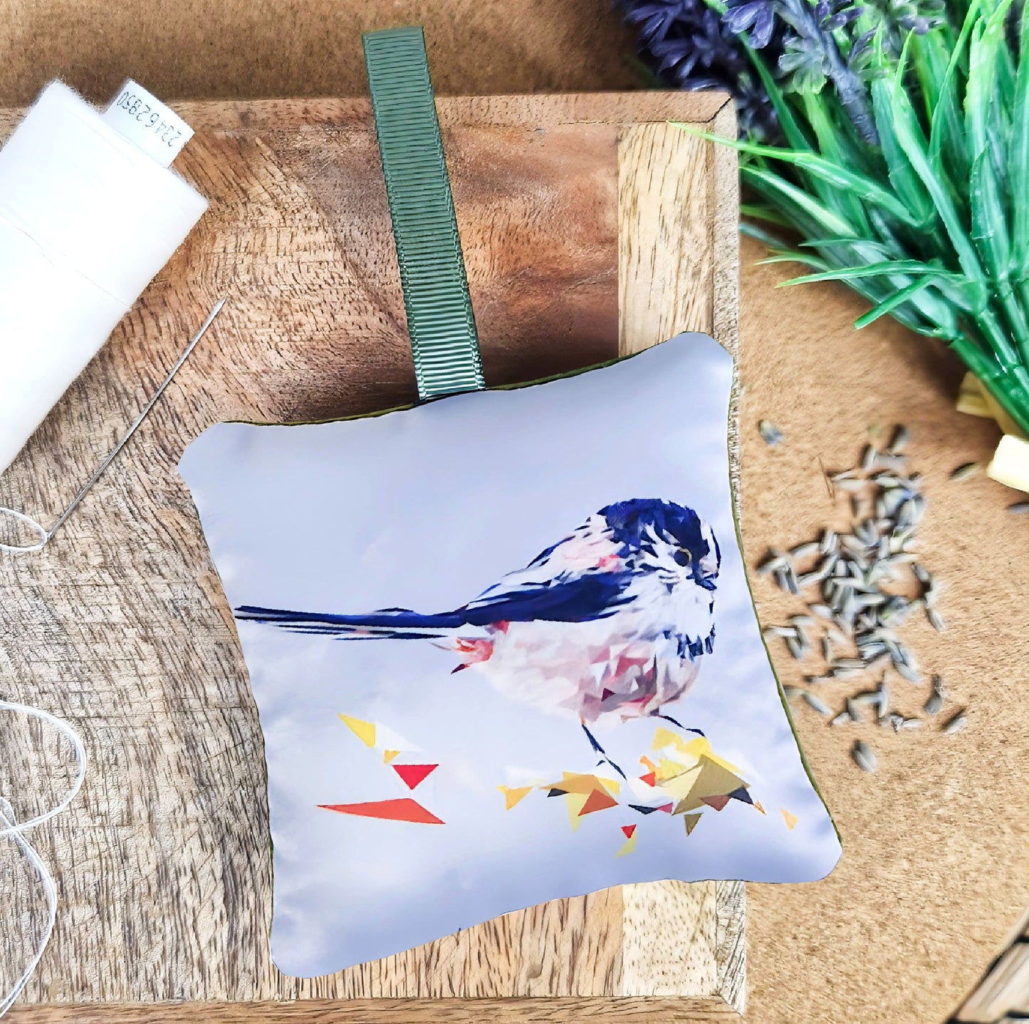 Handmade long-tailed tit bird illustration sachet | English dried lavender