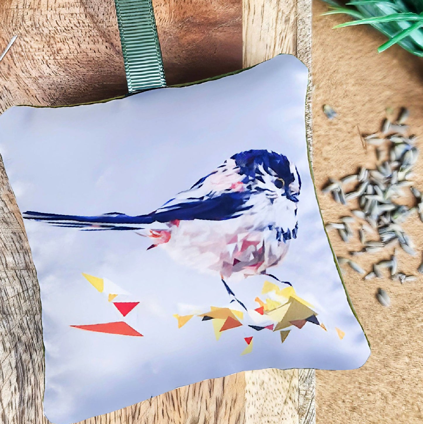 Handmade long-tailed tit bird illustration sachet | English dried lavender