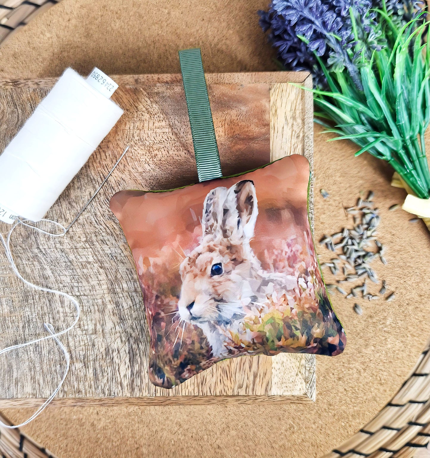 Handmade mountain hare illustration sachet | English dried lavender | Scottish countryside