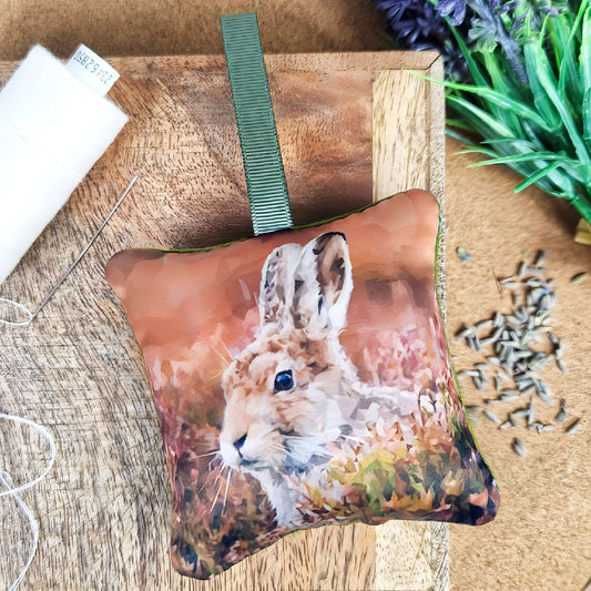 Handmade mountain hare illustration sachet | English dried lavender | Scottish countryside