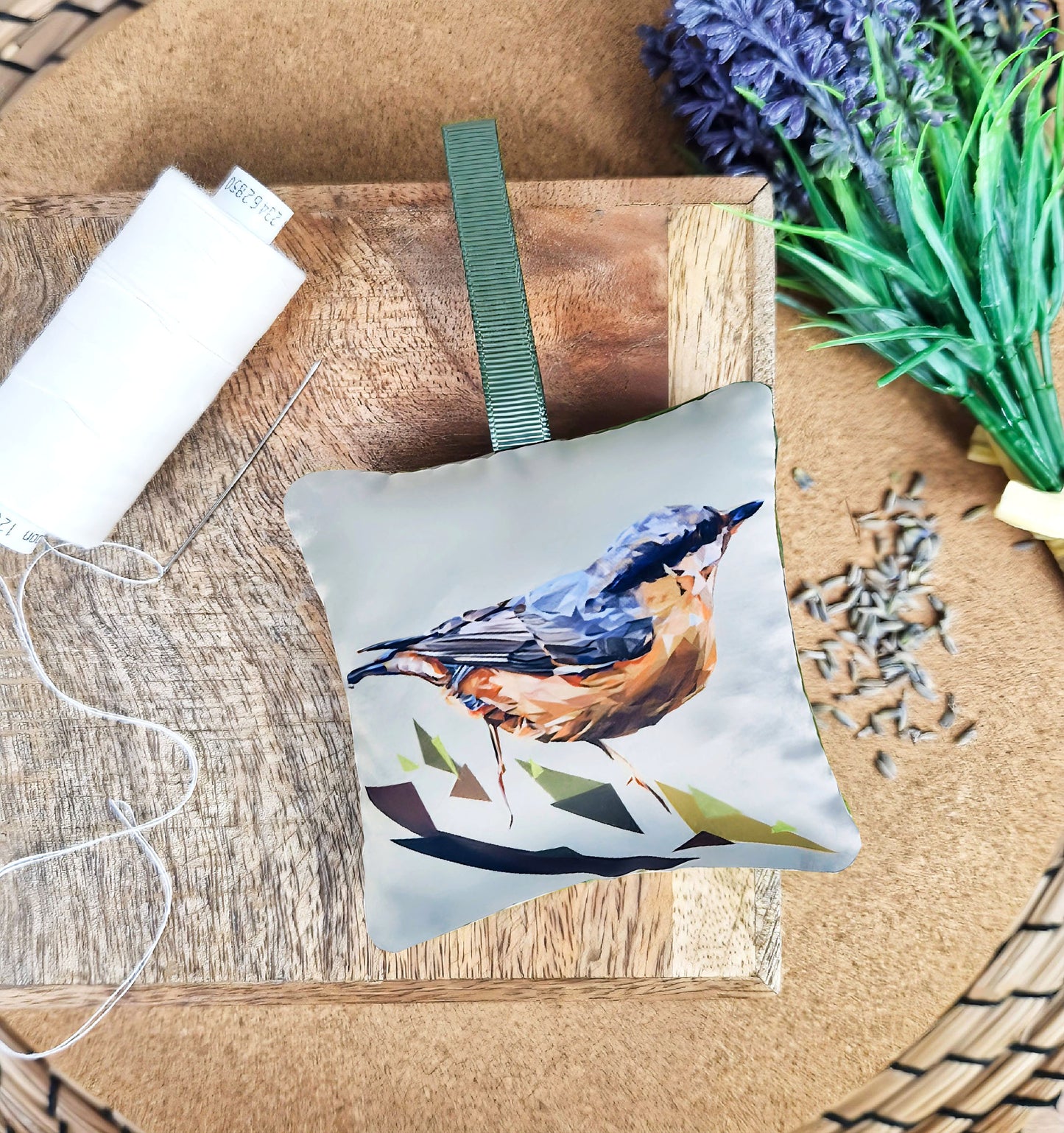 Handmade nuthatch bird illustration sachet | English dried lavender
