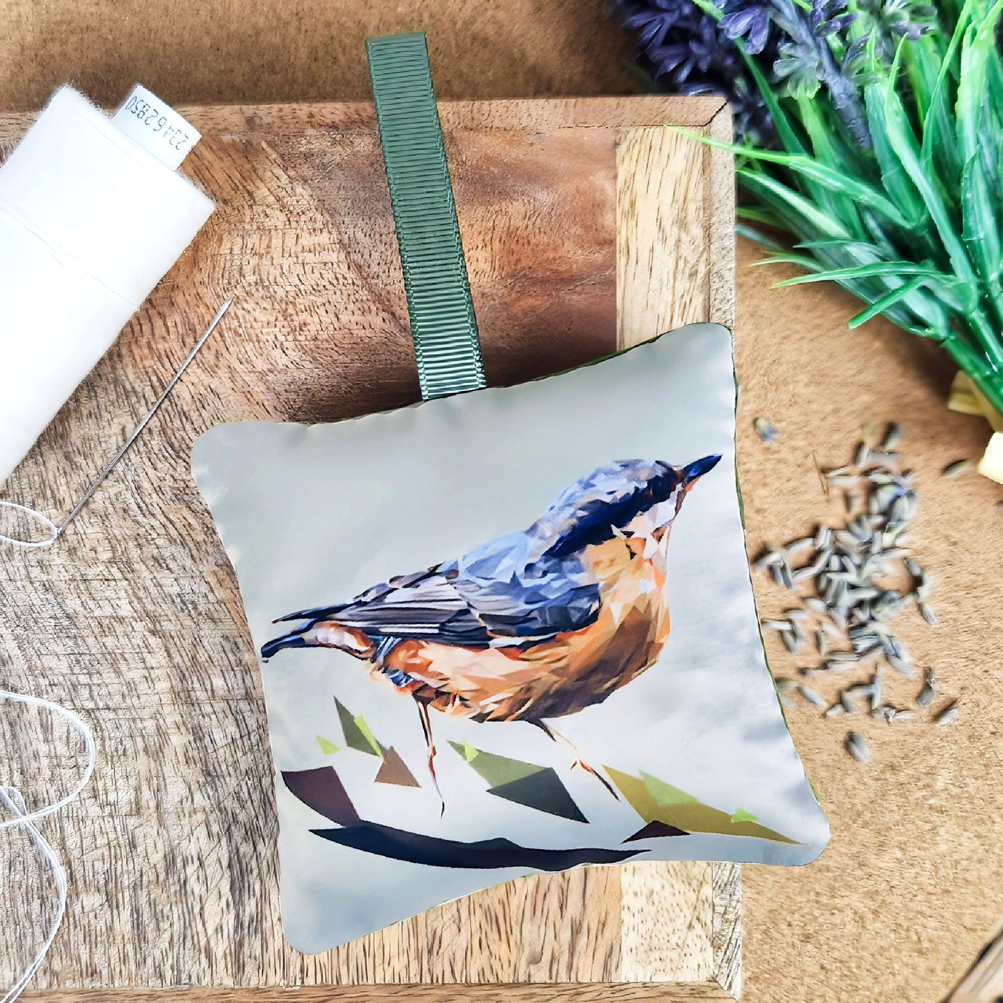 Handmade nuthatch bird illustration sachet | English dried lavender