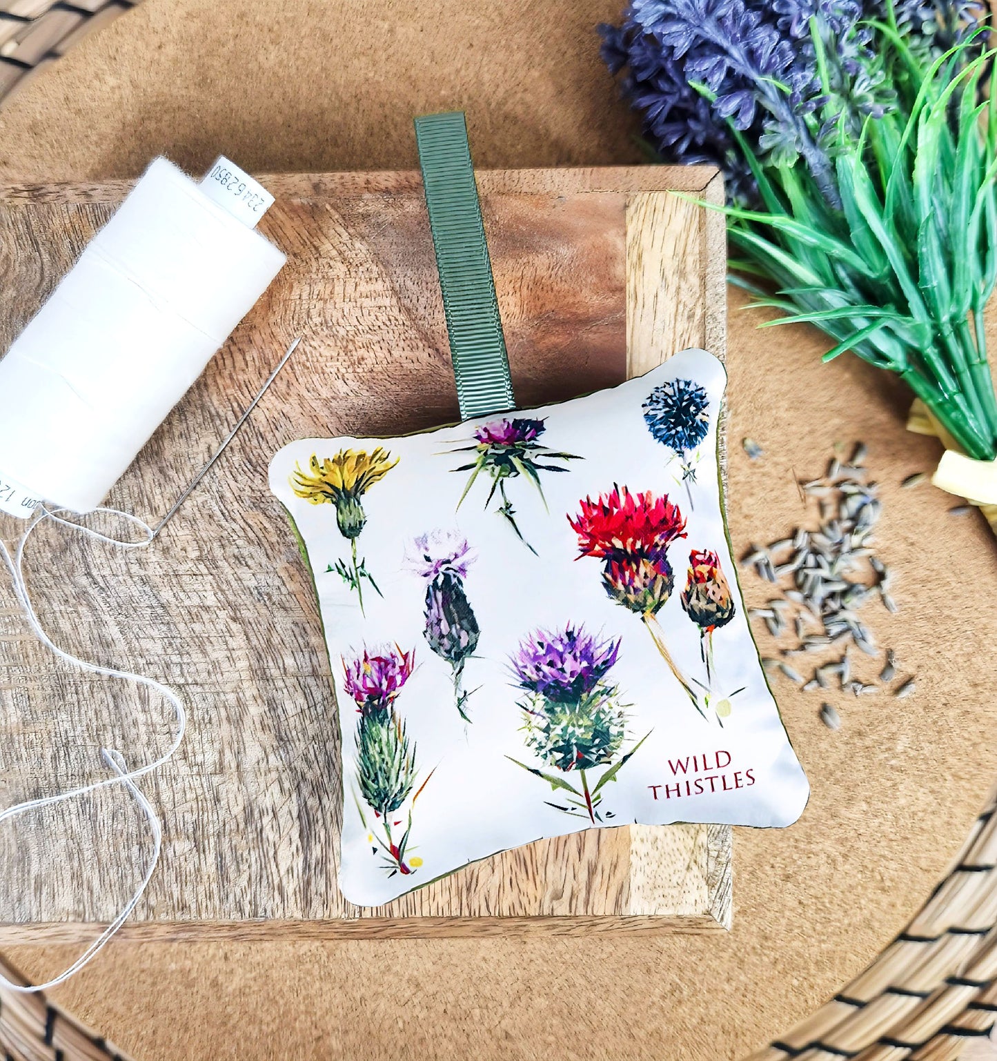 Handmade wild thistle illustration sachet | English dried lavender | Scottish keepsake
