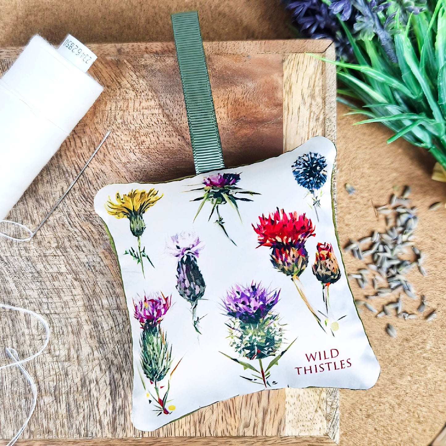 Handmade wild thistle illustration sachet | English dried lavender | Scottish keepsake