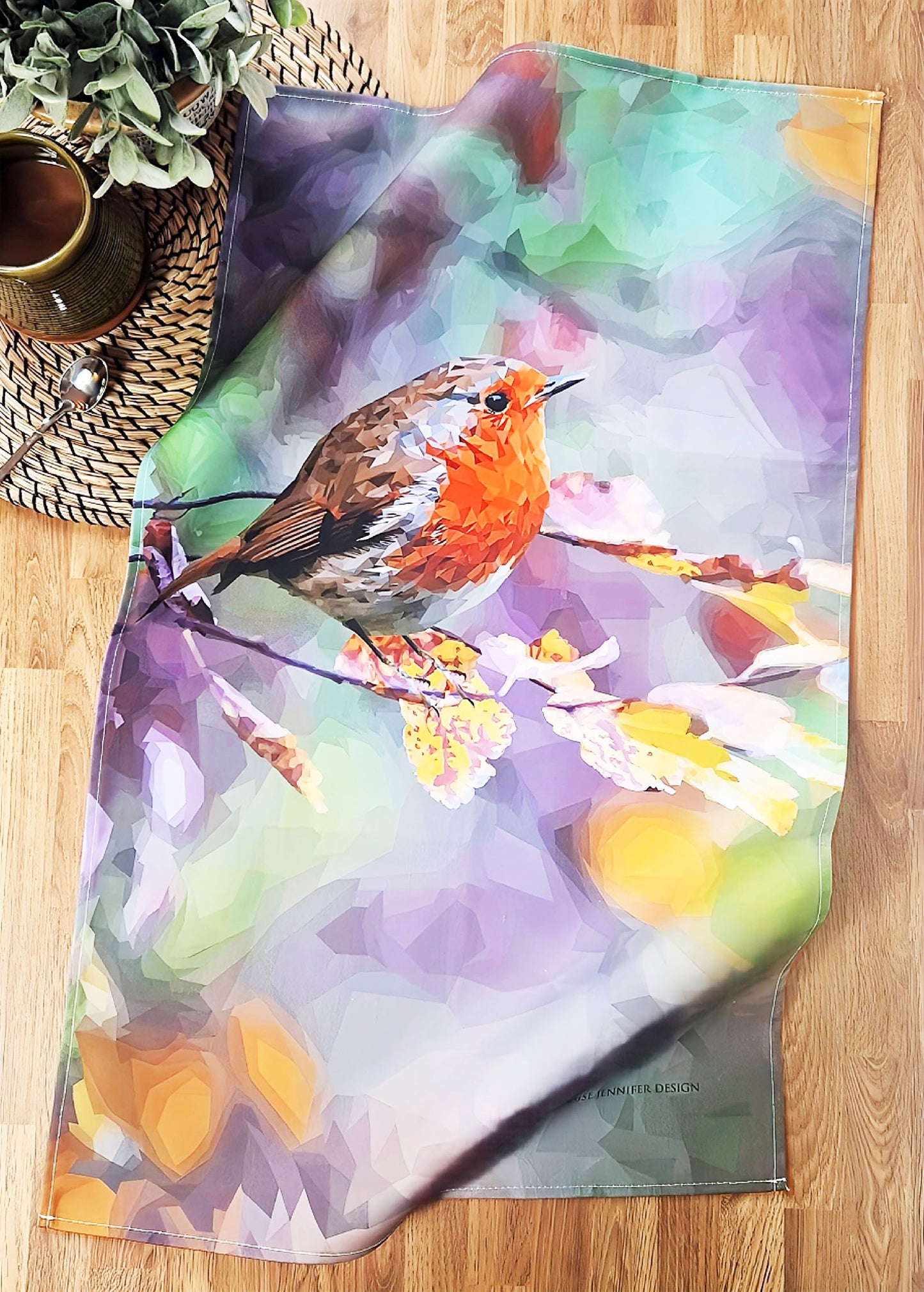 Robin redbreast bird tea towel | 100% cotton | Garden bird design