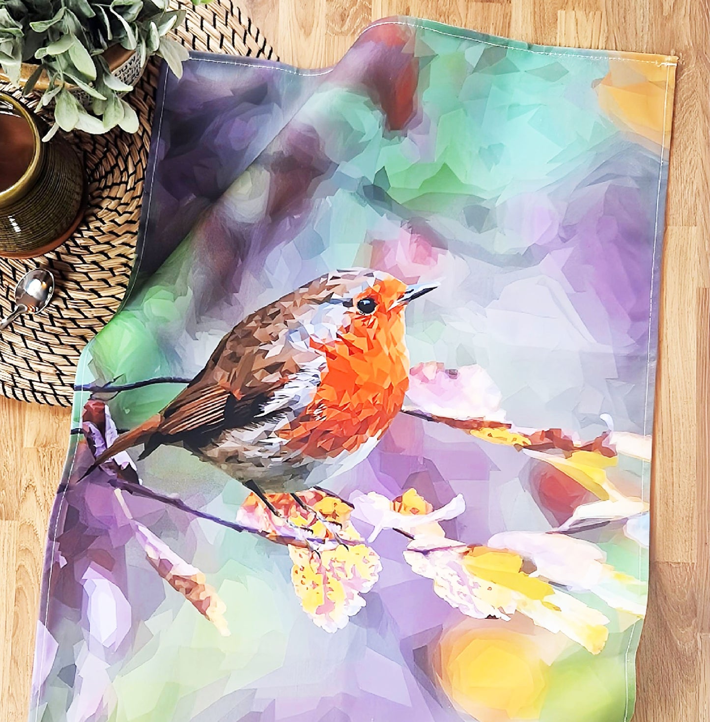 Robin redbreast bird tea towel | 100% cotton | Garden bird design