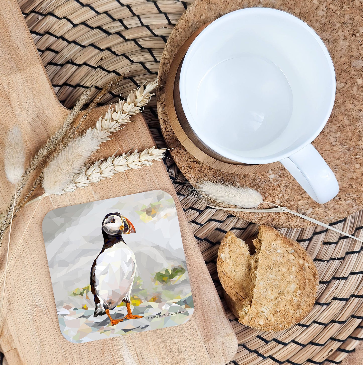Atlantic puffin drinks coaster | Geometric illustration | Scottish wildlife