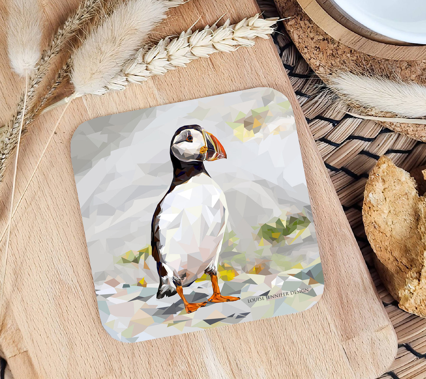 Atlantic puffin drinks coaster | Geometric illustration | Scottish wildlife