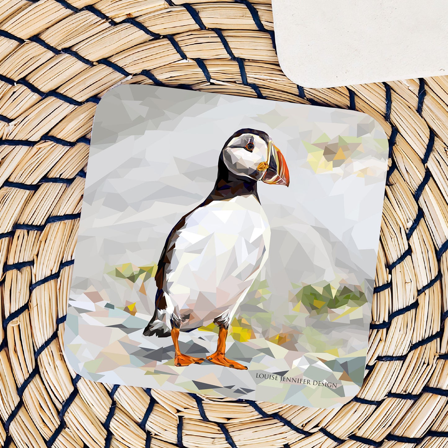 Atlantic puffin drinks coaster | Geometric illustration | Scottish wildlife