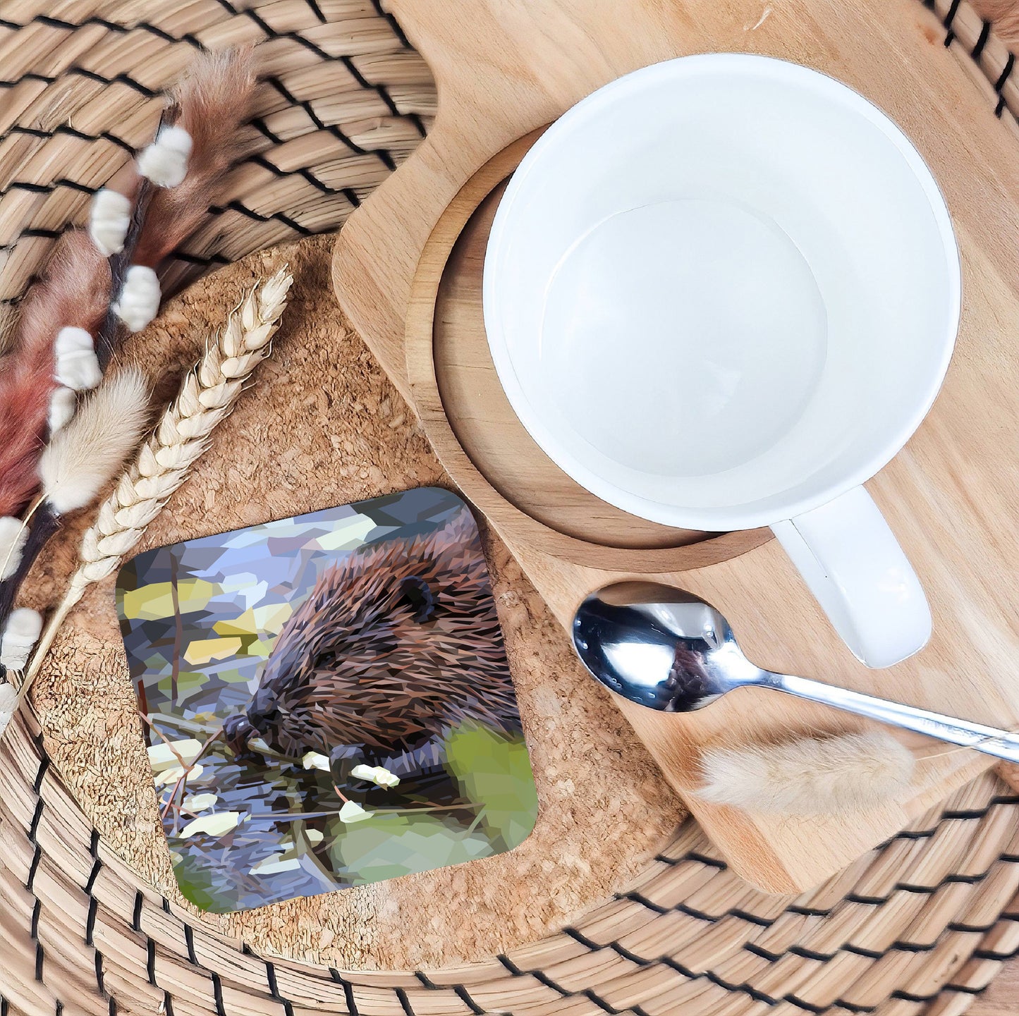 Beaver drinks coaster | Geometric illustration | British animals