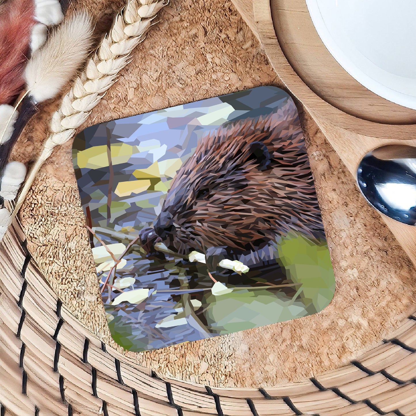 Beaver drinks coaster | Geometric illustration | British animals