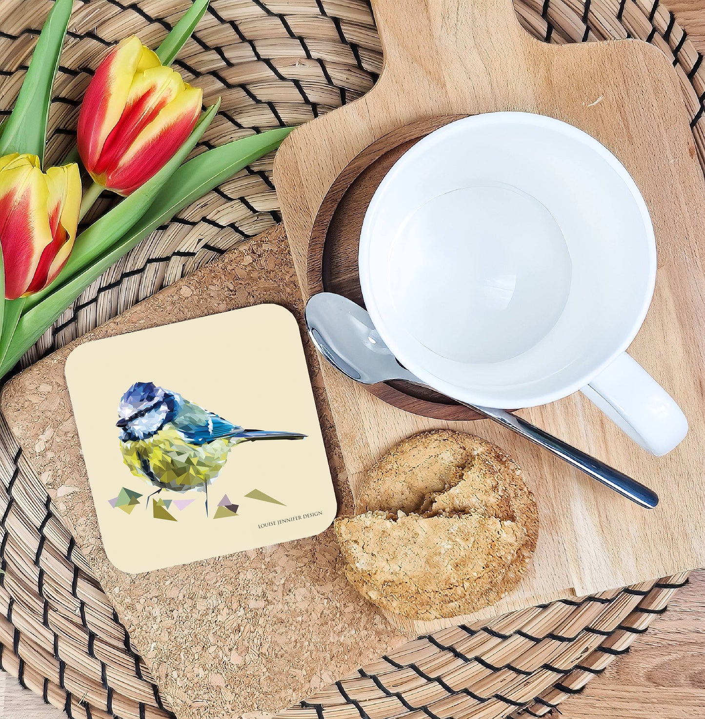 Blue tit drinks coaster | Geometric illustration | Garden birds