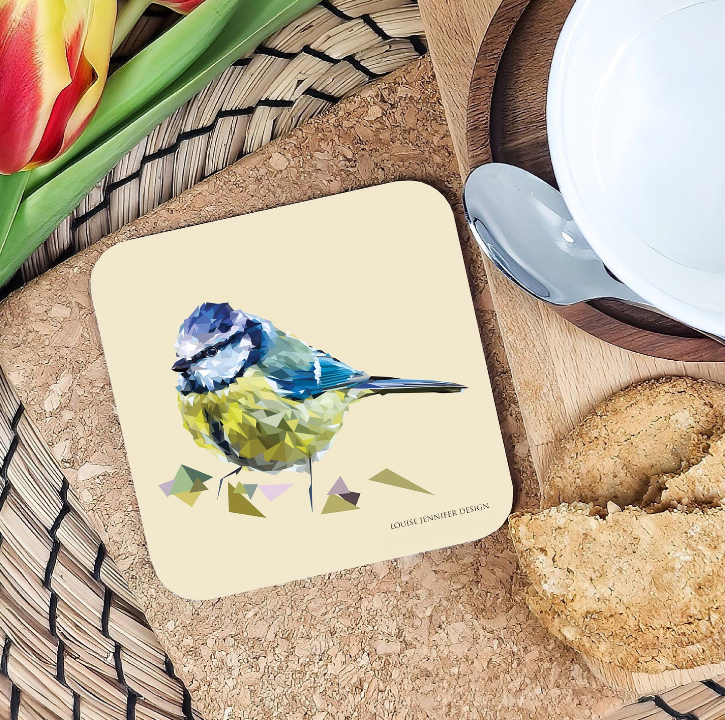 Blue tit drinks coaster | Geometric illustration | Garden birds