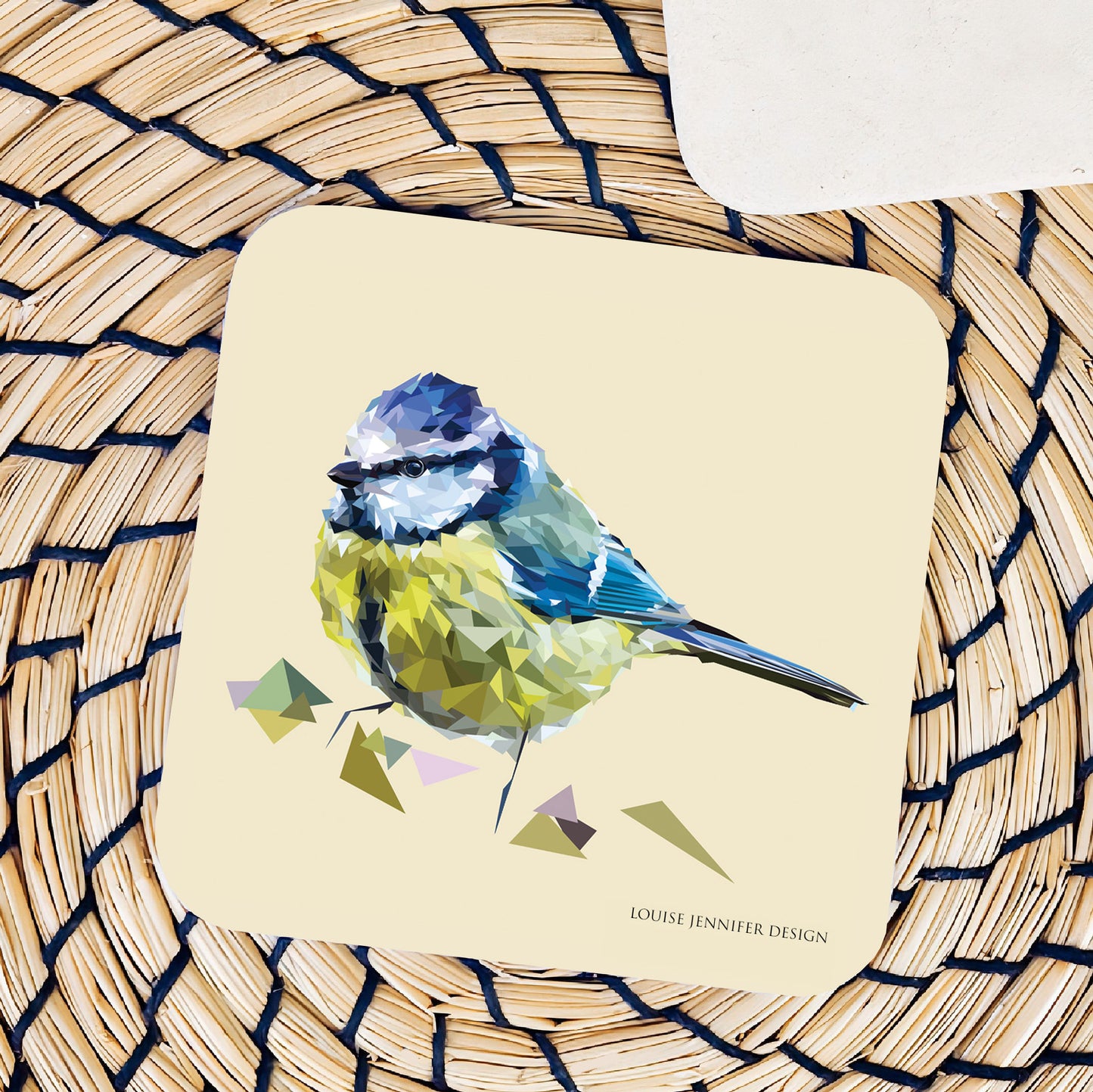 Blue tit drinks coaster | Geometric illustration | Garden birds