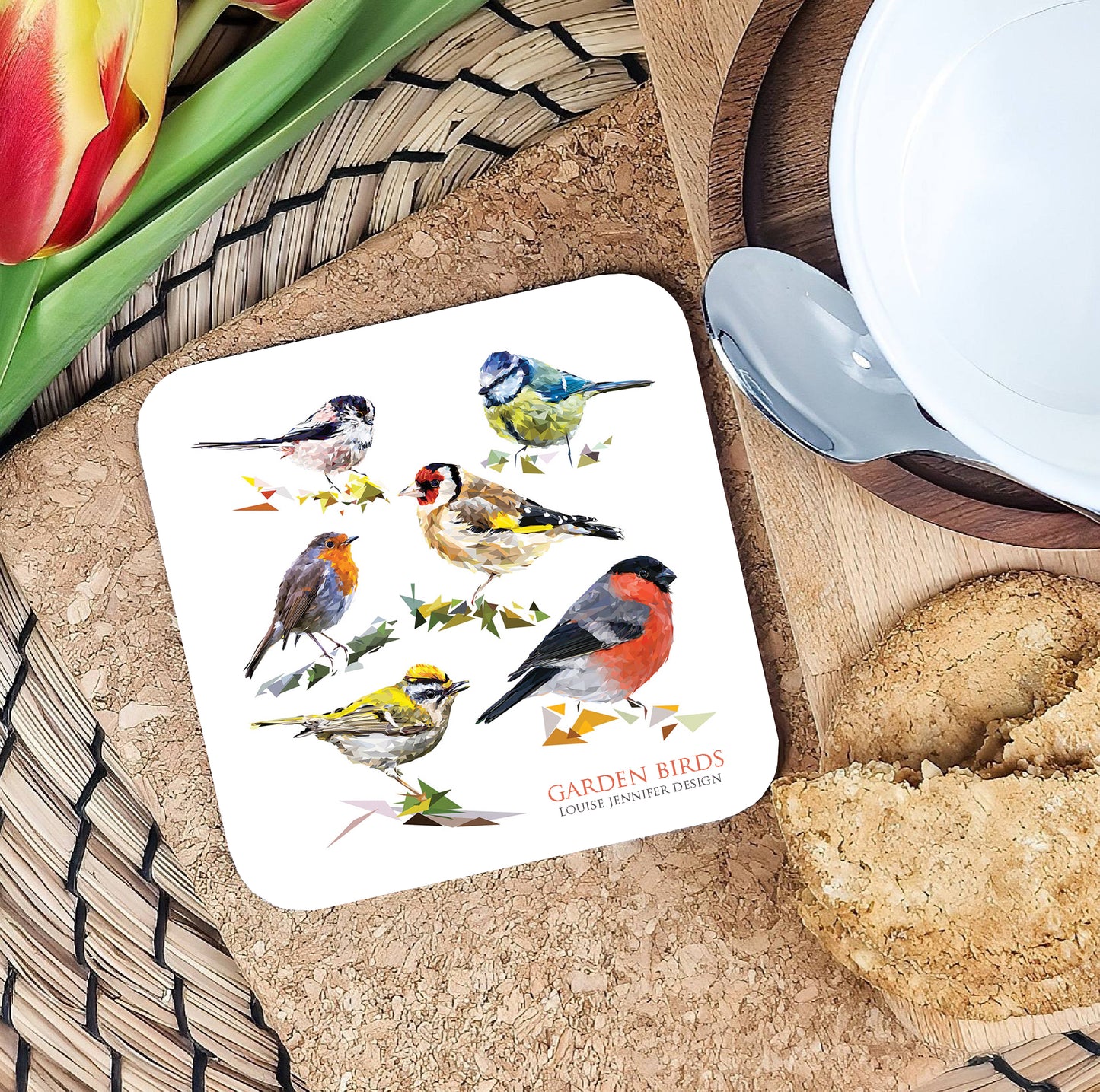 Garden birds drinks coaster | Geometric illustration | British birds