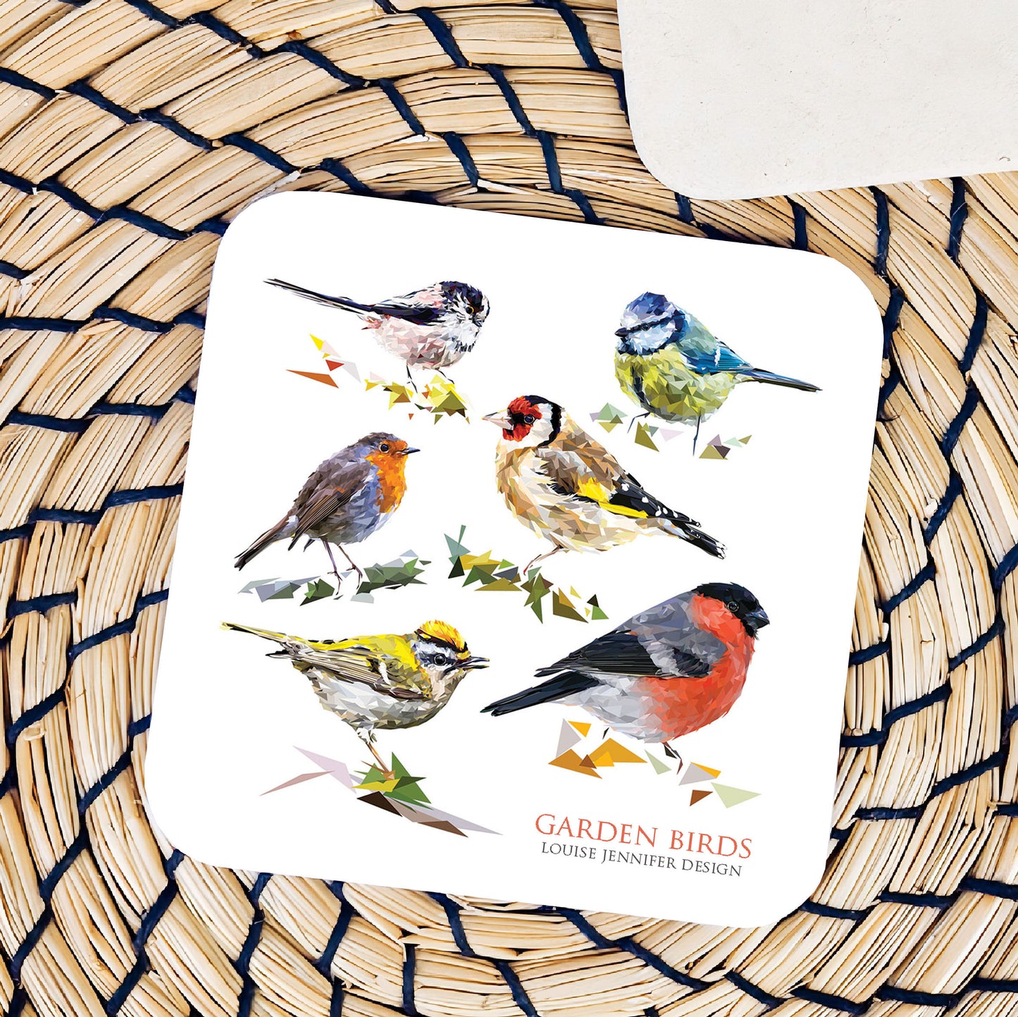 Garden birds drinks coaster | Geometric illustration | British birds