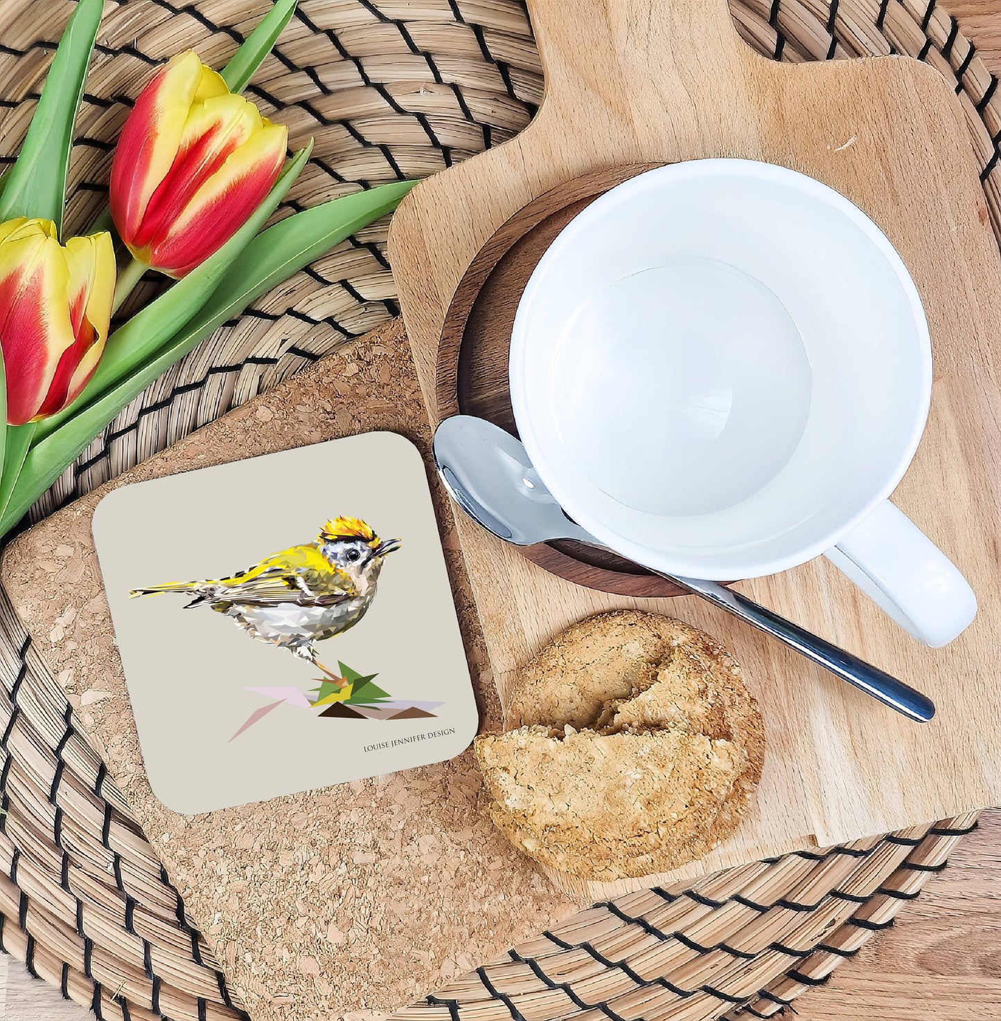 Goldcrest drinks coaster | Geometric illustration | Garden birds