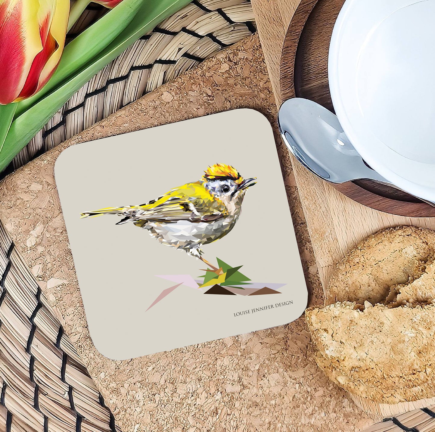 Goldcrest drinks coaster | Geometric illustration | Garden birds