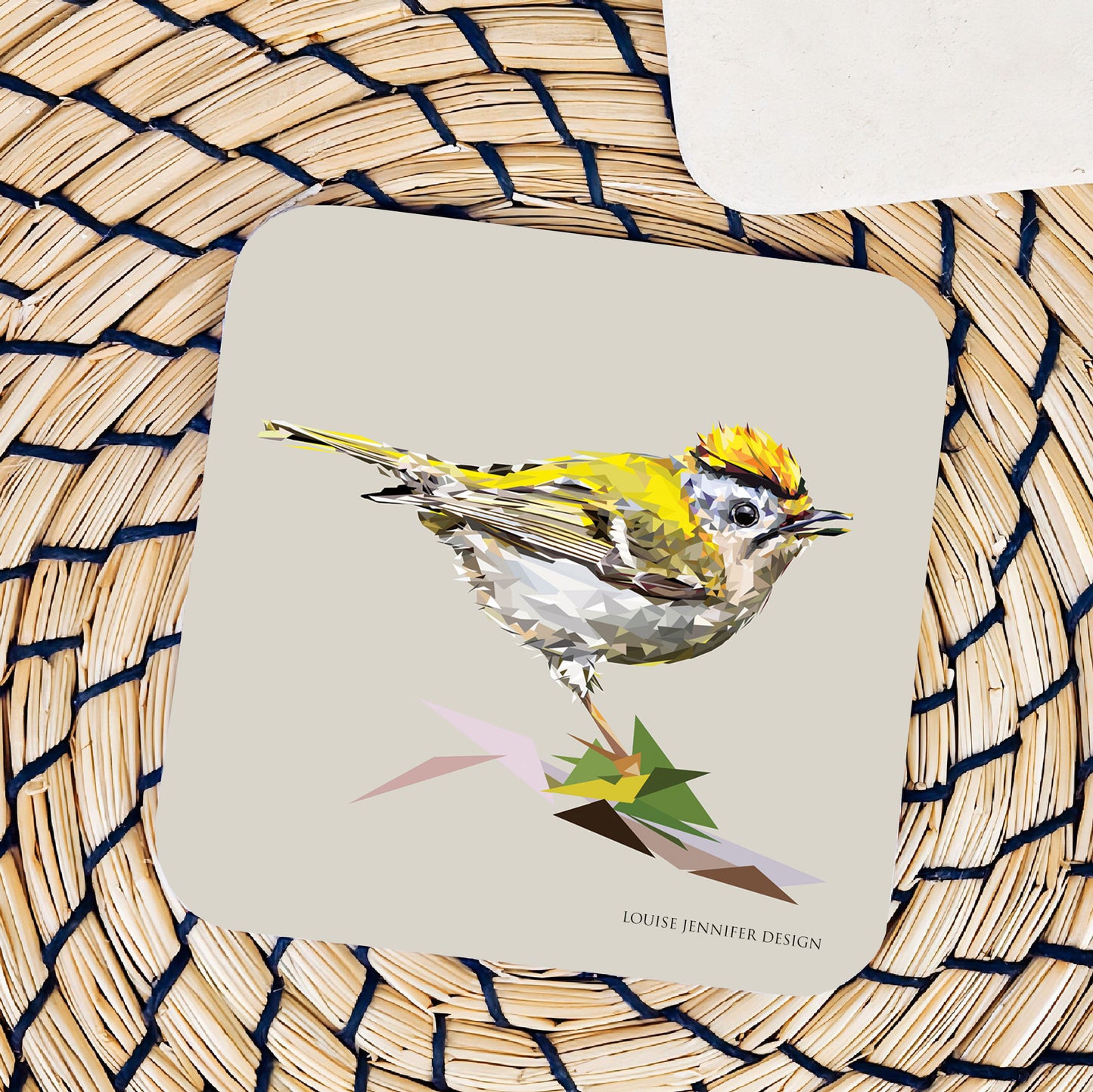 Goldcrest drinks coaster | Geometric illustration | Garden birds