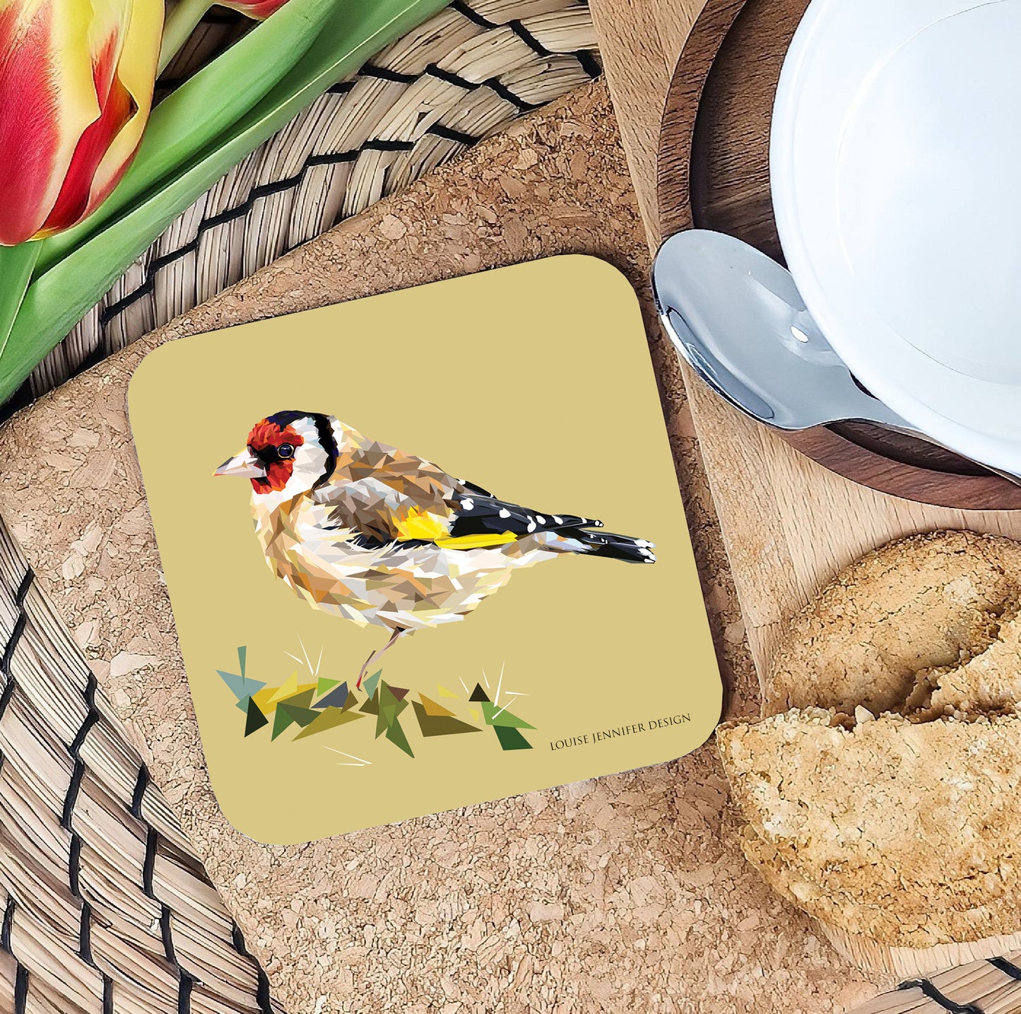 Goldfinch drinks coaster | Geometric illustration | Garden birds