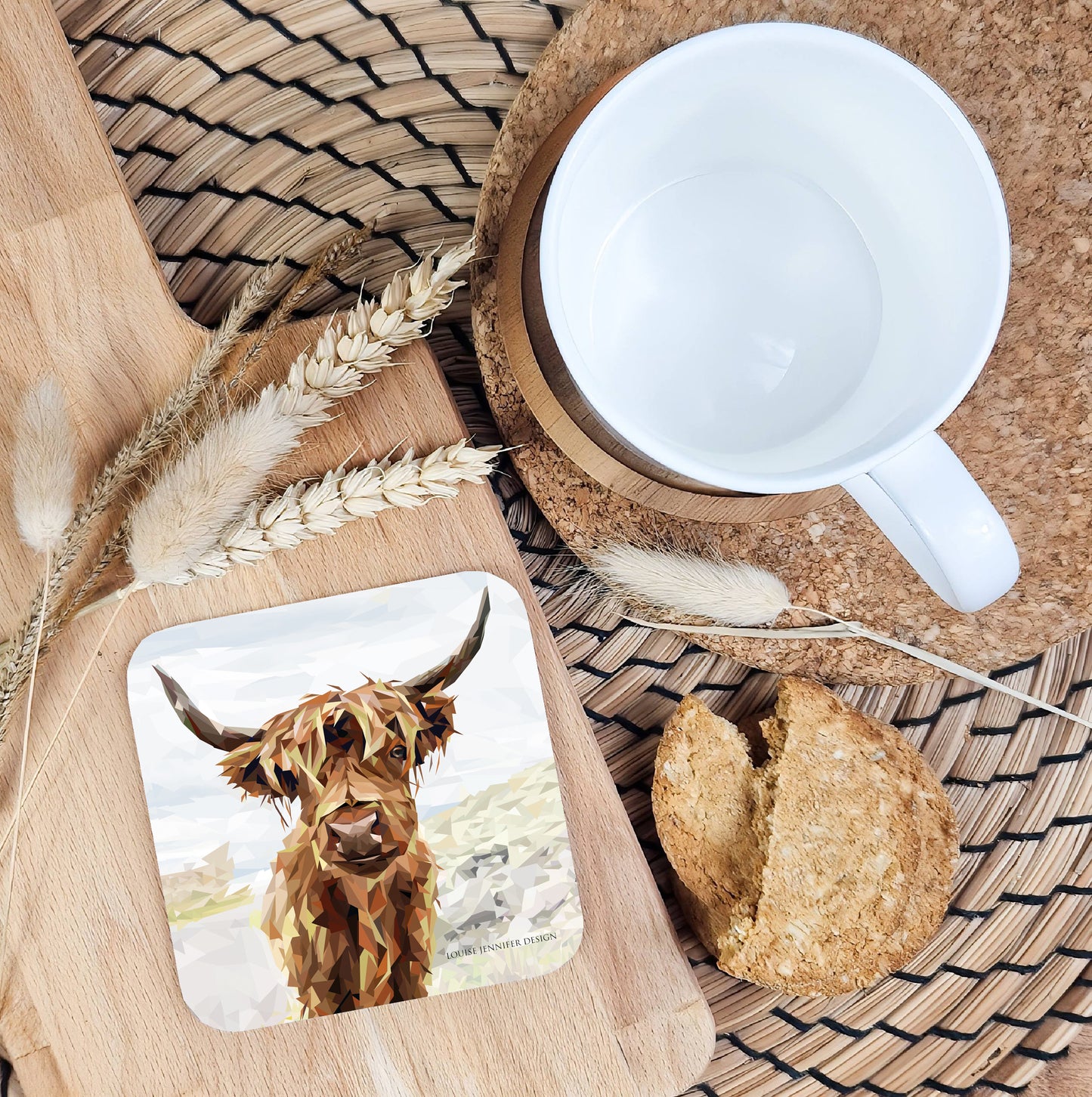 Highland cow drinks coaster | Geometric illustration | Scottish wildlife