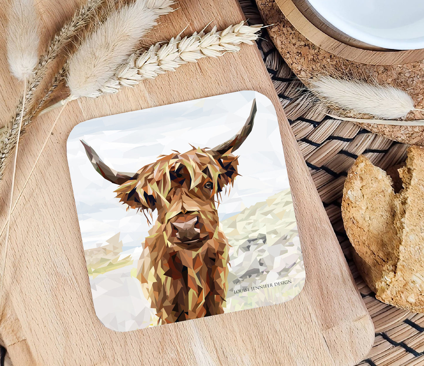 Highland cow drinks coaster | Geometric illustration | Scottish wildlife