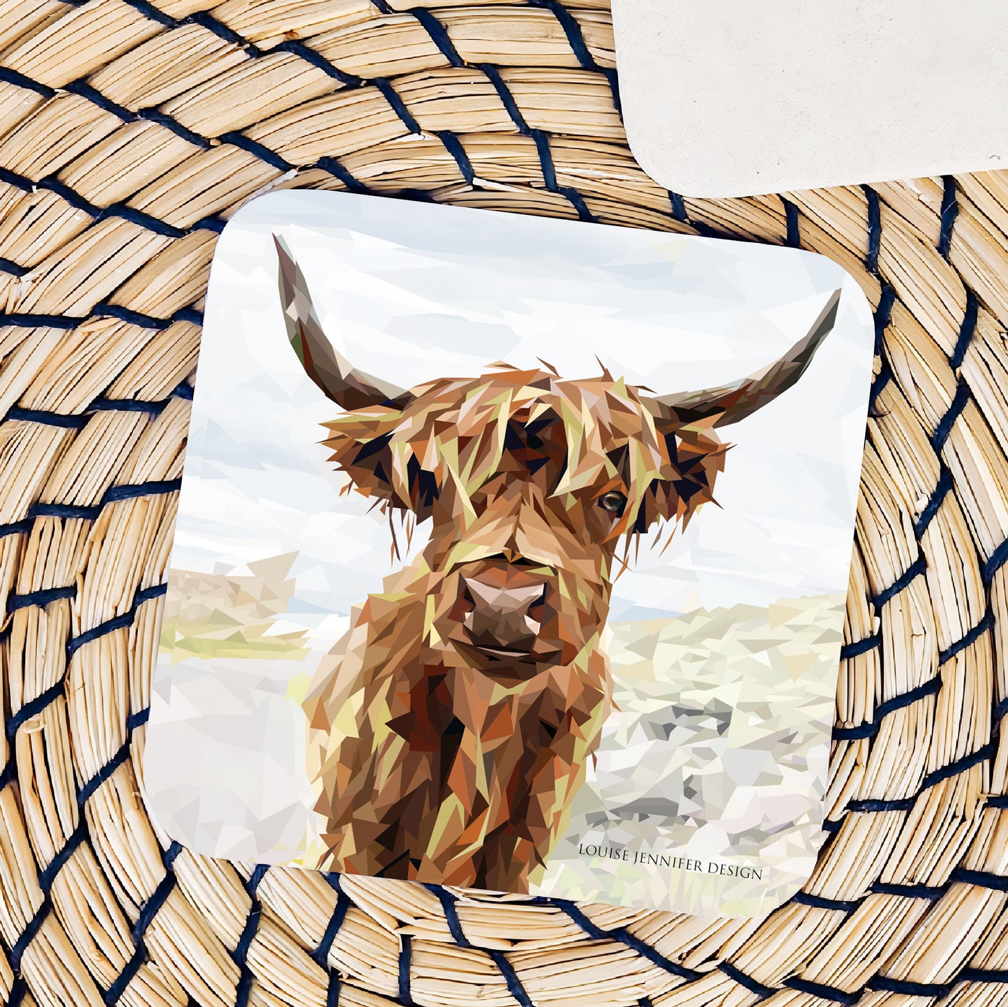 Highland cow drinks coaster | Geometric illustration | Scottish wildlife