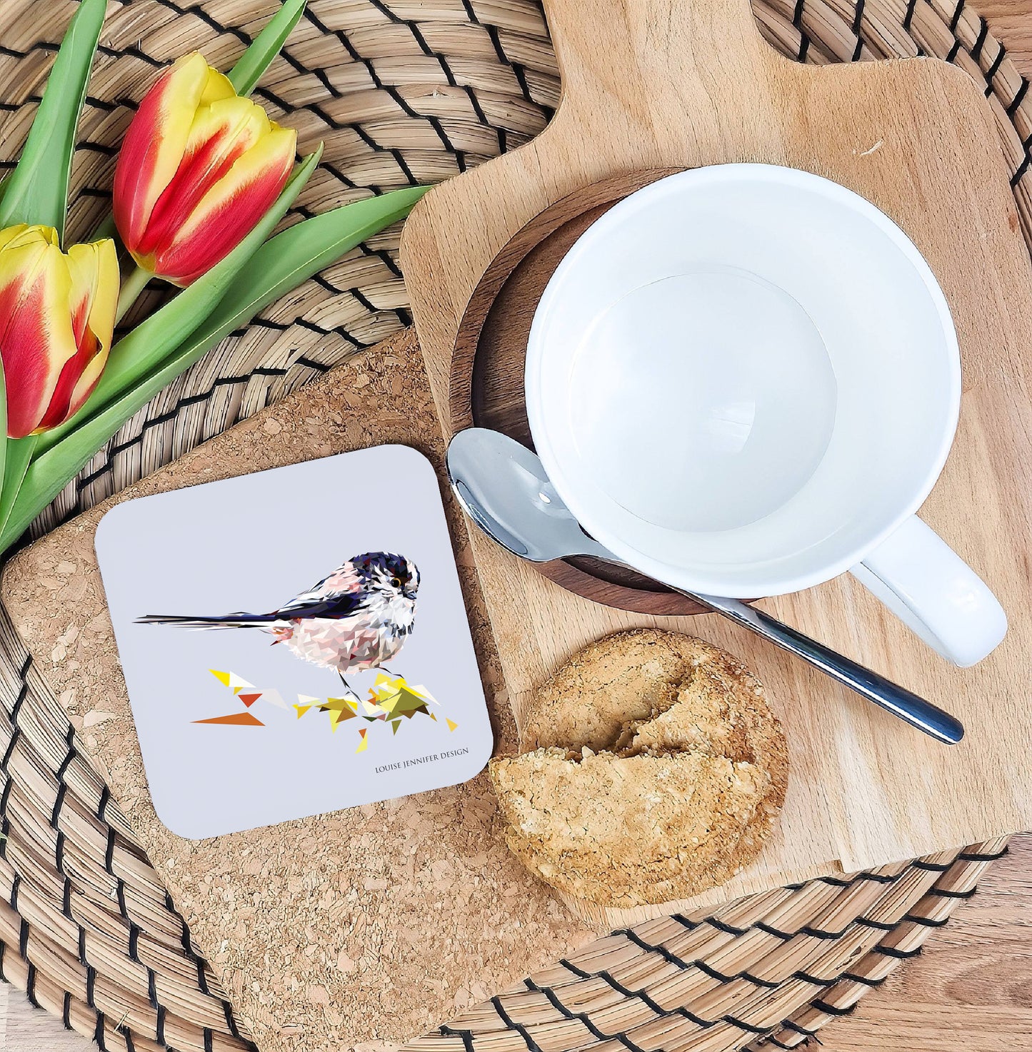 Long-tailed tit drinks coaster | Geometric illustration | Garden birds