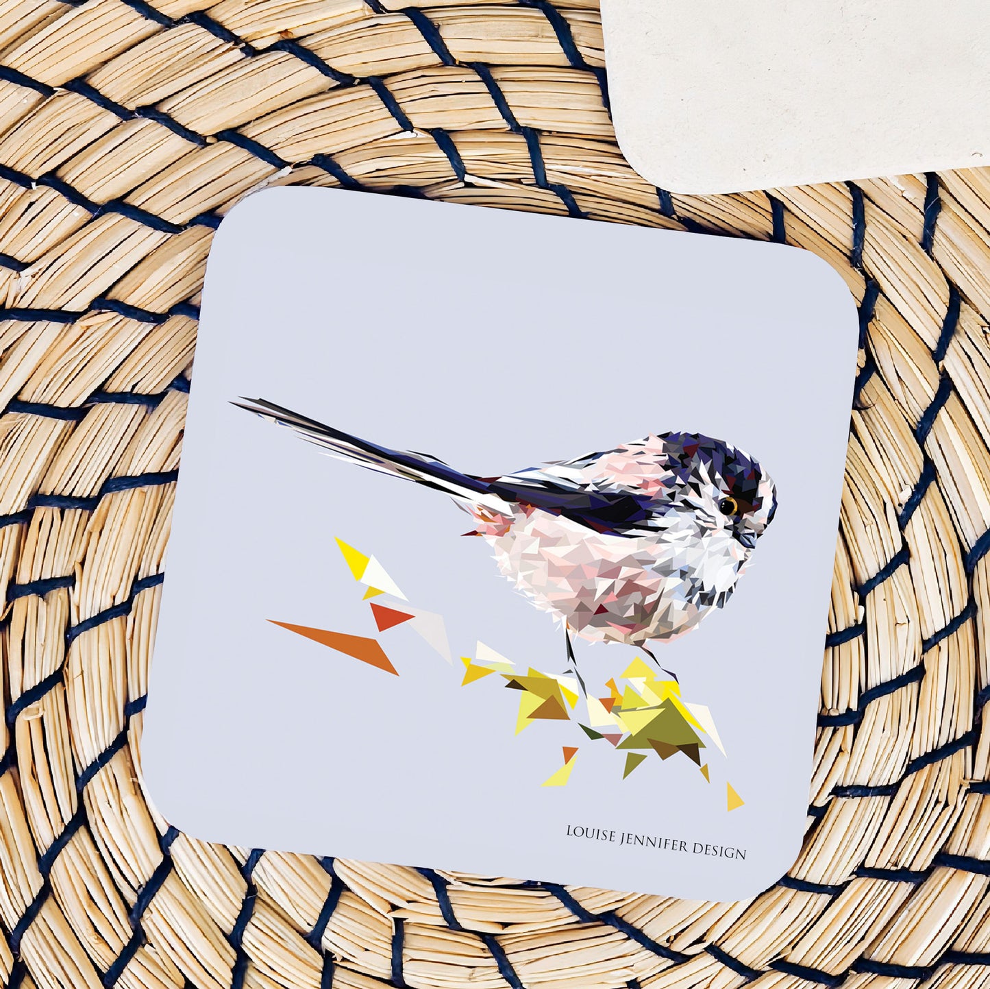 Long-tailed tit drinks coaster | Geometric illustration | Garden birds