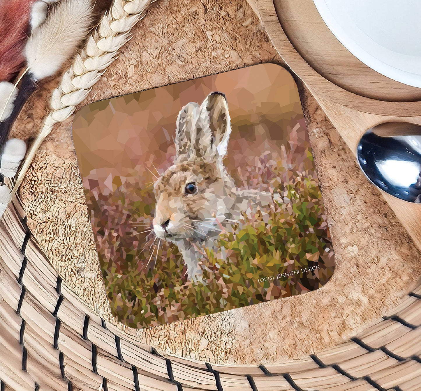 Mountain hare drinks coaster | Geometric illustration | Woodland animals