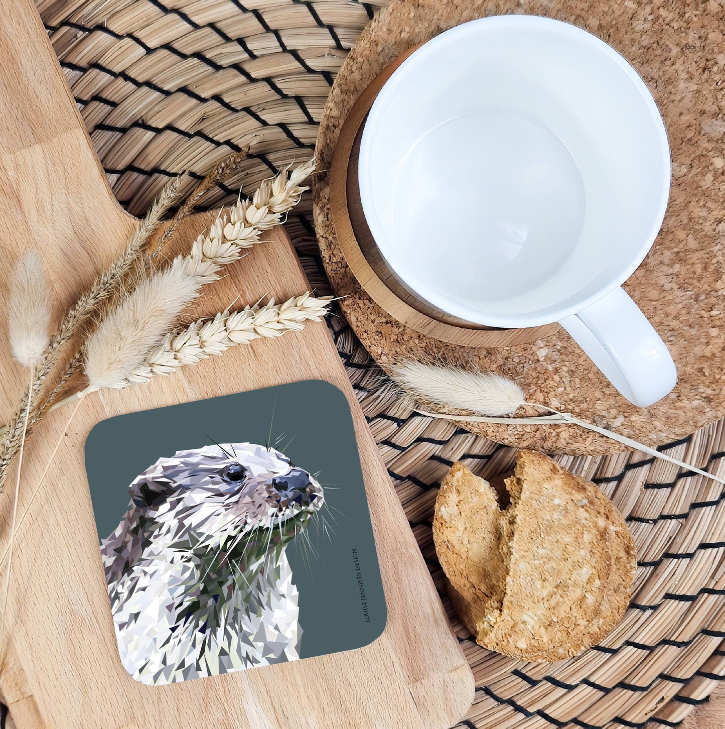 Otter drinks coaster | Geometric illustration | British wildlife