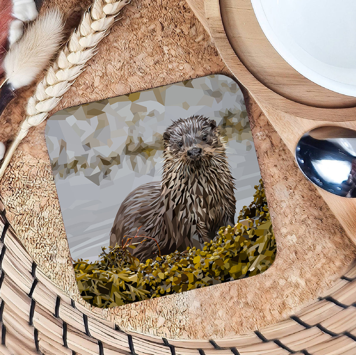 Otter drinks coaster | Geometric illustration | British wildlife